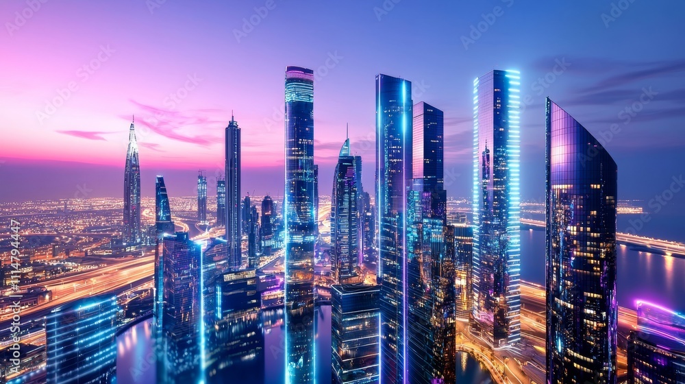 Obraz premium Futuristic city skyline at dusk, illuminated glass skyscrapers reflecting sunset colors, faint neon lights below, soft purple haze