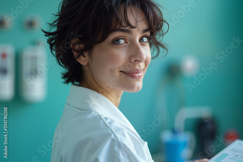 Young woman with a warm smile, wearing a white lab coat, stands in front of a blue wall with medical equipment, suggesting she might be a healthcare professional. photo