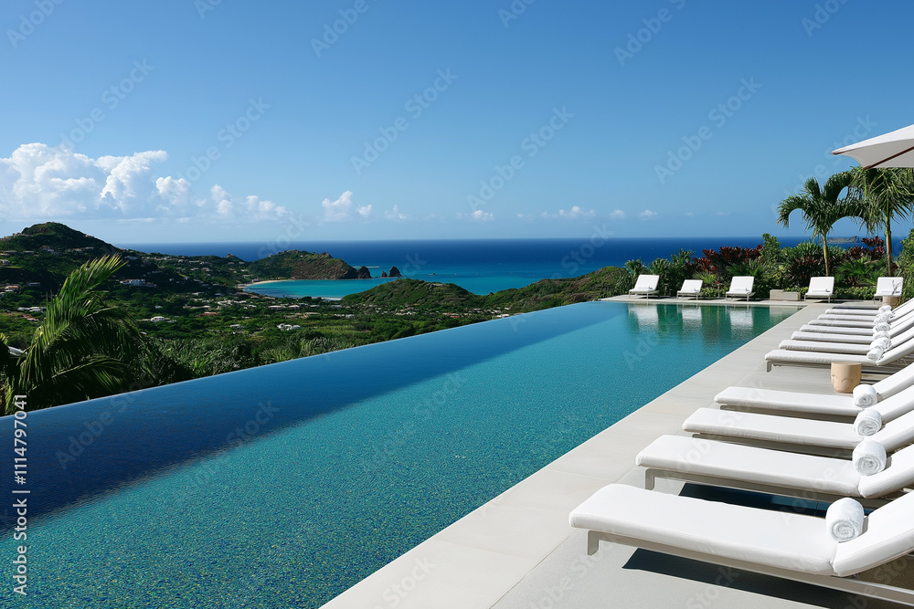 Fototapeta premium Traumhafte Poollandschaft mit Meerblick und modernem Design
