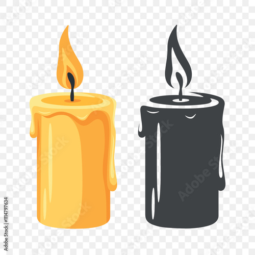 Flat Color and Silhouette Monochrome Candle Icon Set. Burning Candle Fire Icons. Christmas Holiday Decoration. Candle Animation Design Elements, Isolated