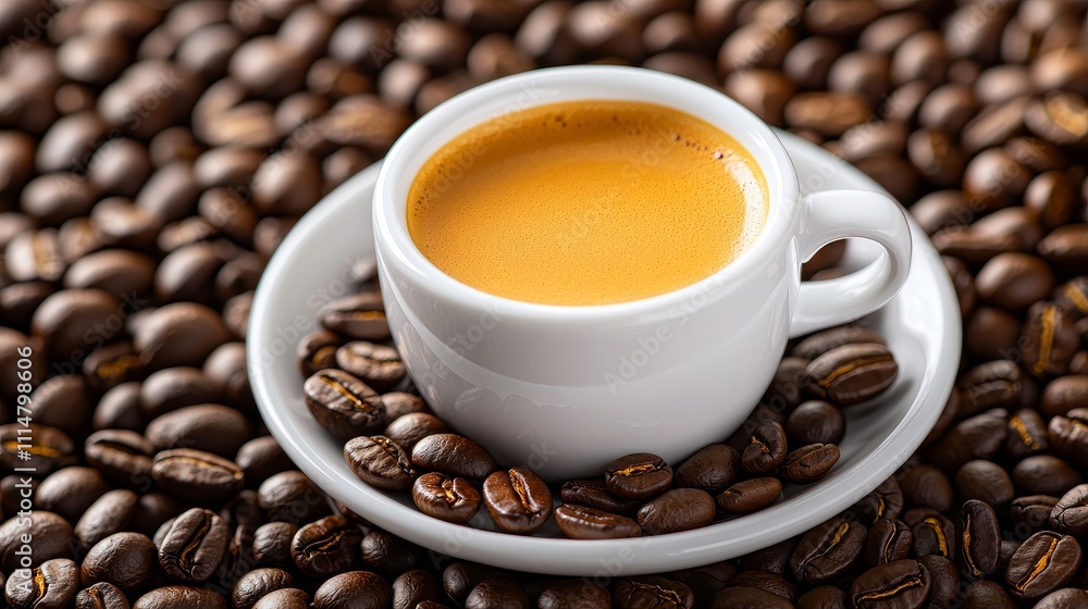 Fototapeta premium Steaming espresso in a white cup, resting on a saucer surrounded by coffee beans, warm morning light reflecting off the glossy surface, isolated on white