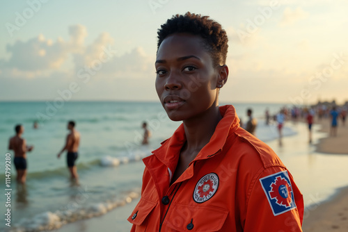 Woman wearing a red jacket with a logo on it stands on a beach, looking out towards the ocean while other people enjoy the water nearby. photo