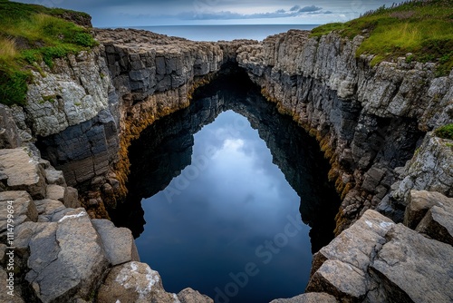 Serene Coastal Reflection in Natural Rock Formation at Seaside with Calm Waters, Dramatic Sky and Lush Greenery in Background, Captured in Perfect Clarity photo