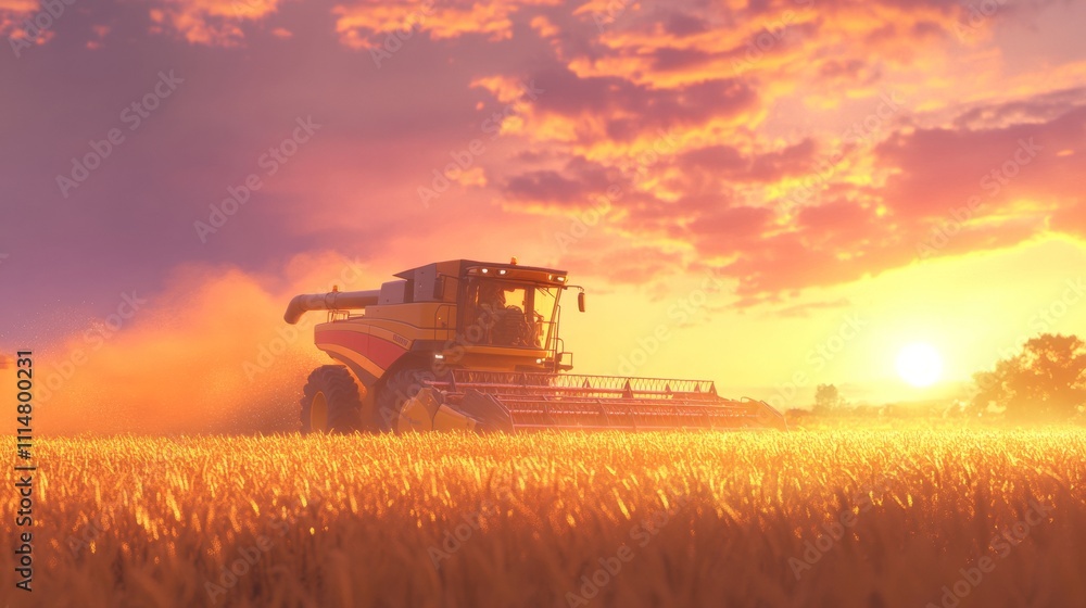 Fototapeta premium Harvesting wheat at sunset with a combine in a golden field under dramatic skies