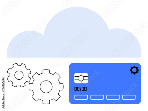 Cloud backdrop with gears and credit card, representing technology integration. Ideal for cloud services, financial technology, data processing, automation, online transactions, IT infrastructure
