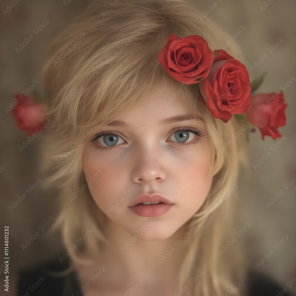 Naklejka premium Una niña rubia, con varias rosas en el cabello
