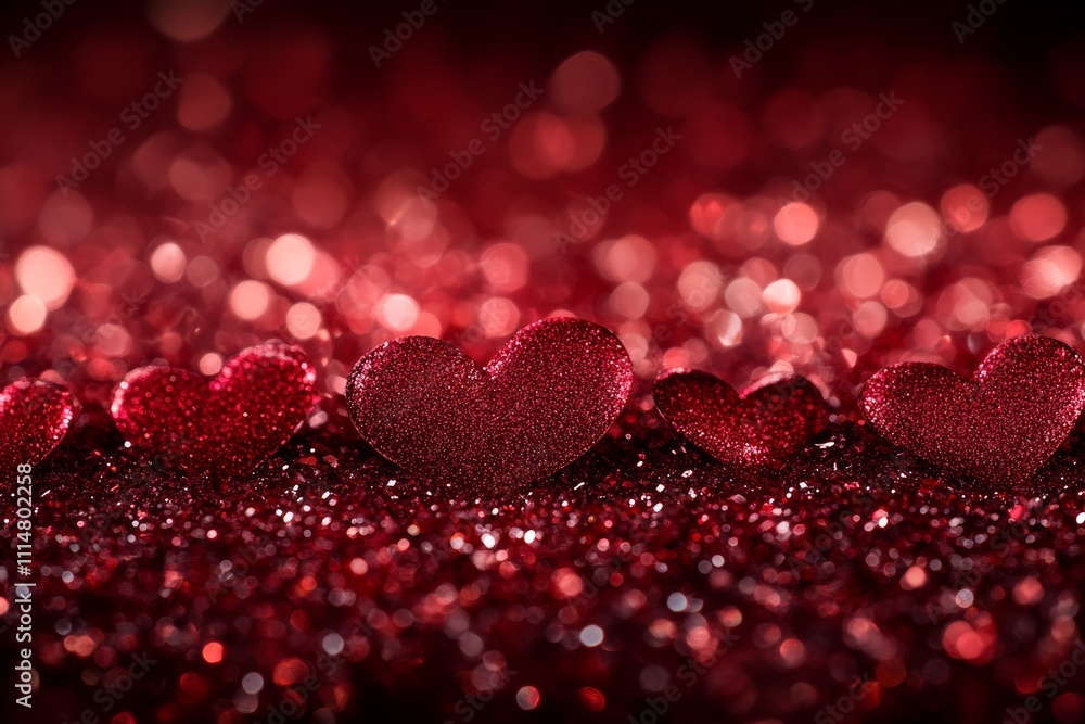 Scattered hearts adorn a vibrant red glitter background, creating a romantic and festive atmosphere for Valentine's Day celebrations. Scattered hearts adorn a vibrant red glitter background, creating a romantic and festive atmosphere for Valentine's Day celebrations.