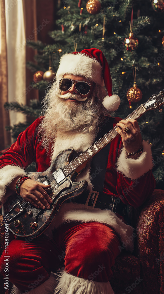 Fototapeta premium Święty Mikołaj gra na gitarze elektrycznej przy choince