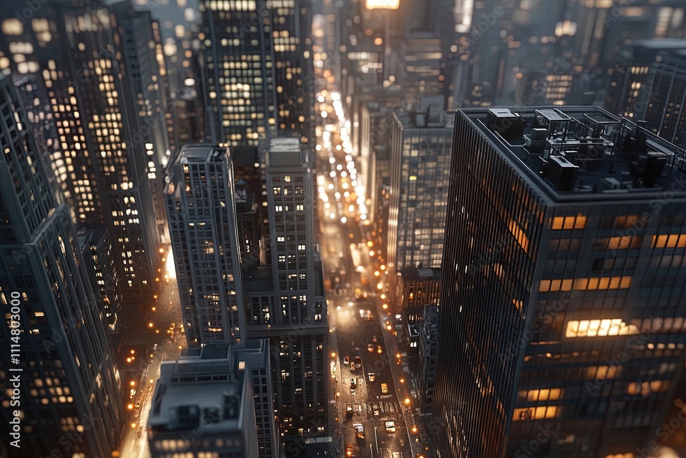 Obraz premium City skyline at night with illuminated buildings and bustling streets filled with vehicles and lights