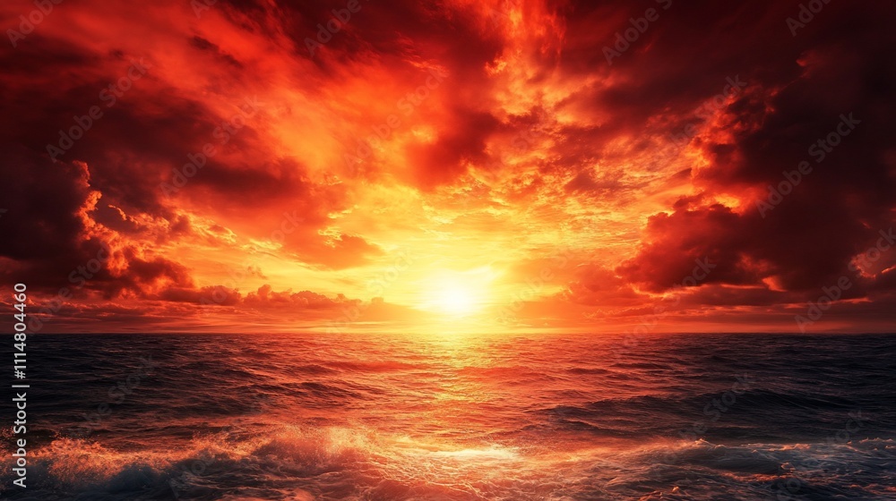 Obraz premium Fiery sunset over a dramatic ocean scene with dark, red clouds and waves.