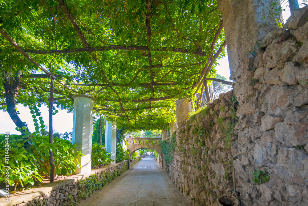 The photo showcases the scenic villas of Ravello and its surroundings, set atop cliffs with panoramic views, lush gardens, and charming architecture that capture the essence of Italy’s Amalfi Coast.