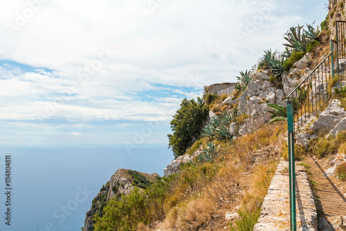 view of Capri, including the Gardens of Augustus, with vibrant flowers, lush greenery, and panoramic vistas of the coastline and iconic Faraglioni rocks.