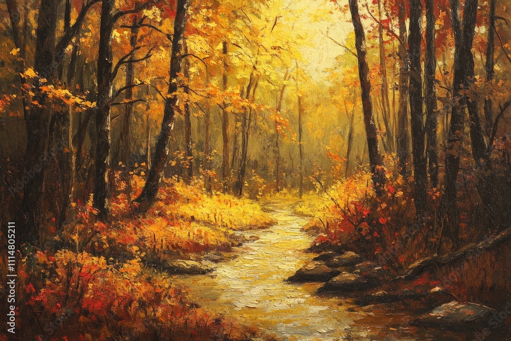 Fototapeta premium Autumn forest with a winding stream at sunset. Generative AI