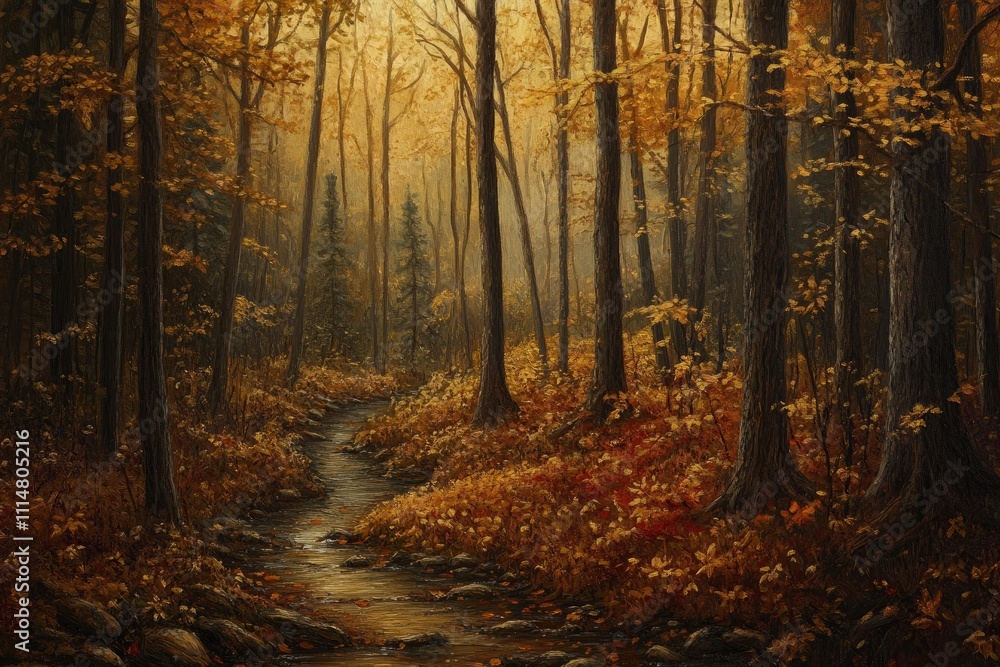 Fototapeta premium Quiet stream flowing through a golden autumn forest. Generative AI