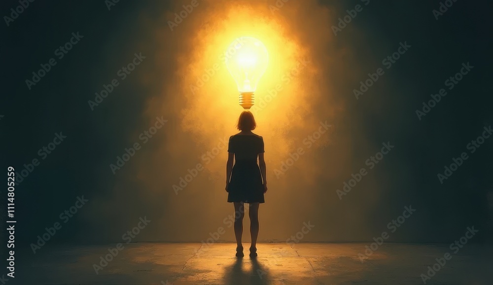 Obraz premium woman standing in front of a light bulb in the dark