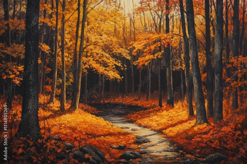 Fototapeta premium Autumn leaves create a stunning display along a serene stream
