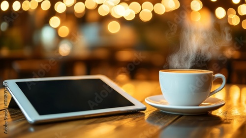 Cozy evening with a steaming cup of coffee and a tablet on a wooden table in a warm cafe