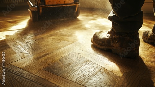 Worker using a sander on wooden floorboards in a sunlit room during the afternoon