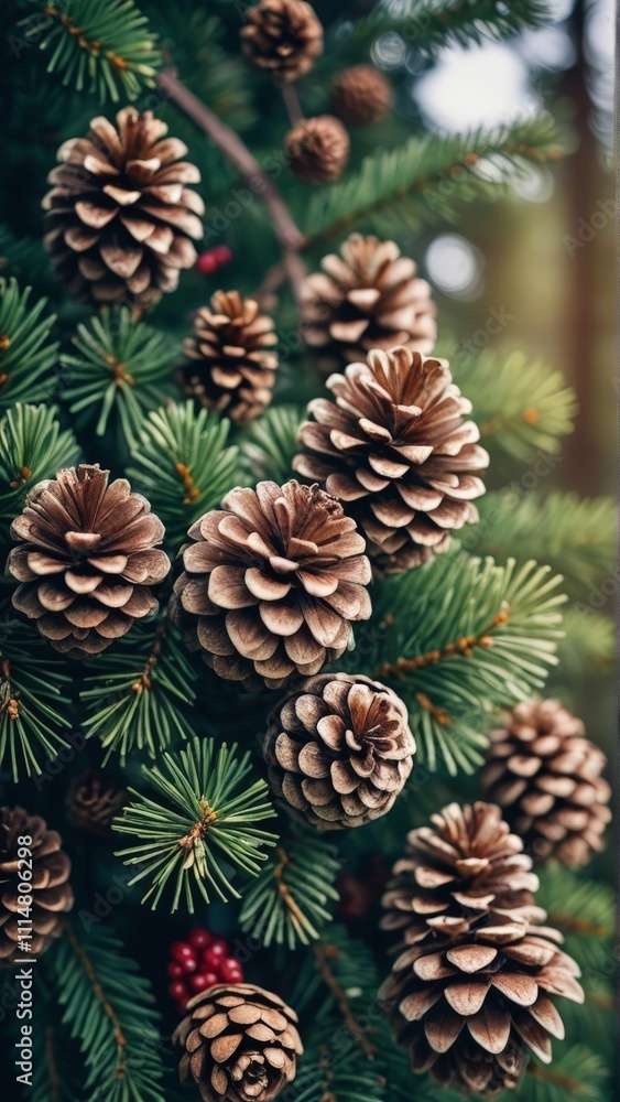 Obraz premium This festive pattern features a beautiful arrangement of pine cones, holly berries, and evergreen branches on a dark background. The intricate details and realistic textures create a warm and inviting