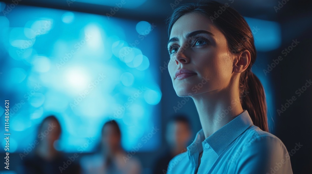 Obraz premium Female executive presenting strategy to team in modern conference room.