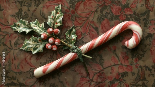   A candy cane sits atop a table alongside holly berries and mistle sprigs photo