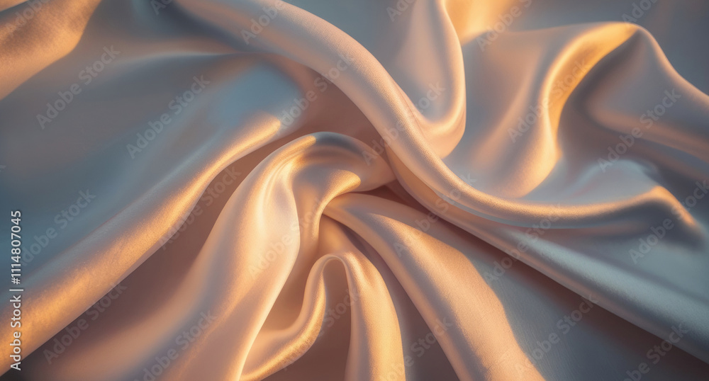 Obraz premium Background with the effect of crumpled white or beige silk fabric, bed linen or sheet in the rays of the morning sun taking up the entire frame. Soft satin fabric with gentle folds. Top view