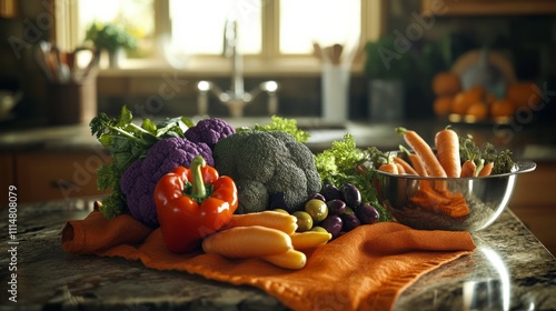 Fresh vegetables arranged on a countertop in a cozy kitchen, highlighting vibrant colors and healthy eating options