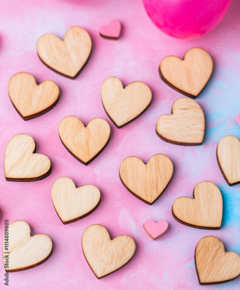 Obraz premium A collection of vibrant hearts is spread across a soft pink surface, accompanied by a cheerful pink balloon, evoking a romantic Valentine's Day atmosphere.