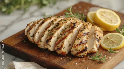 Grilled chicken breast with lemon slices on a wooden cutting board with fresh herbs