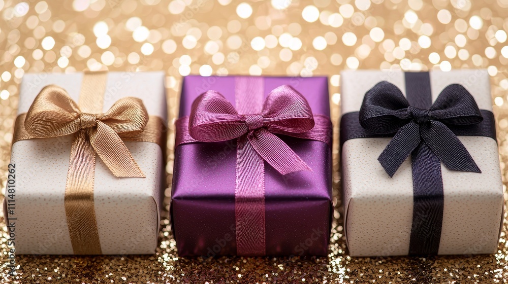 Fototapeta premium colorful gift box with ribbon, sparkling bokeh background, birthday or holiday card concept, digital art, isolated on white background