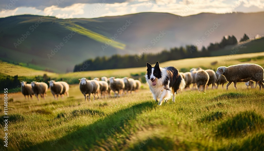 Obraz premium A border collie herding sheep on a vast green pasture.