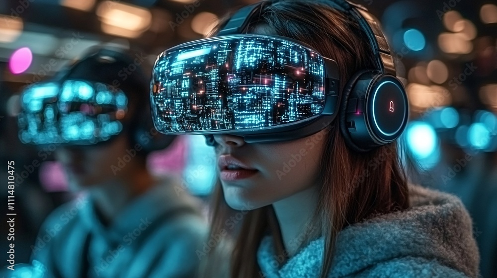 A young woman in VR glasses and a young Asian man in headphones - they are drawing a city of the future, which is transformed into digital elements for example,
A young woman in VR glasses and a young Asian man in headphones - they are drawing a city of the future, which is transformed into digital elements for example,