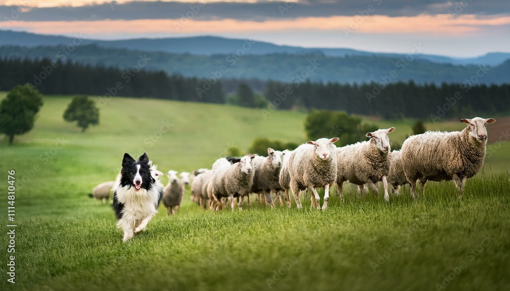 Fototapeta premium A border collie herding sheep on a vast green pasture.
