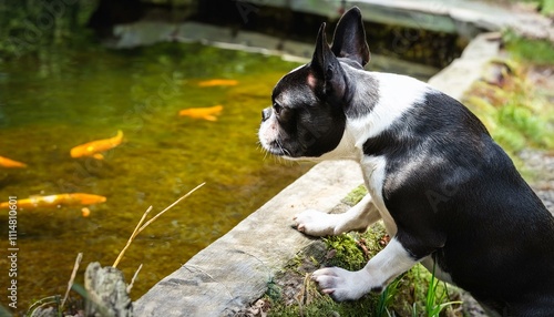 A Boston terrier looking curiously at a fishpond photo