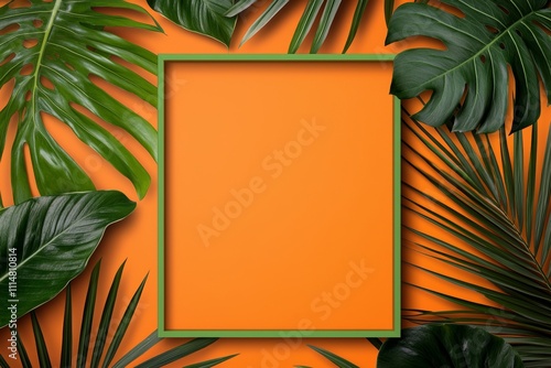 Rich orange layout with a thin rectangle botanical frame, green palm leaves subtly outlining edges, spacious copy-space perfect for advertising text photo