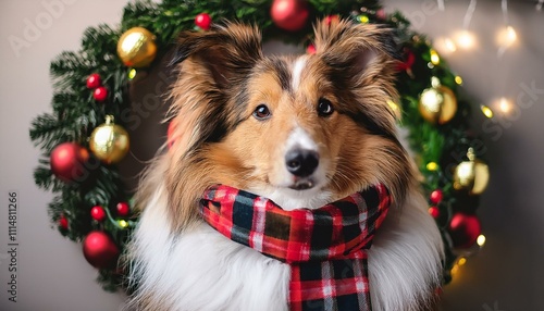 A collie in a plaid Christmas scarf, posing near a decorated wreath photo