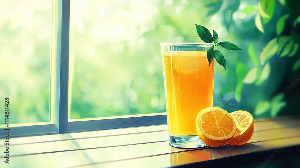 Fototapeta premium An orange juice glass with half an orange on a windowsill, adjacent to a window