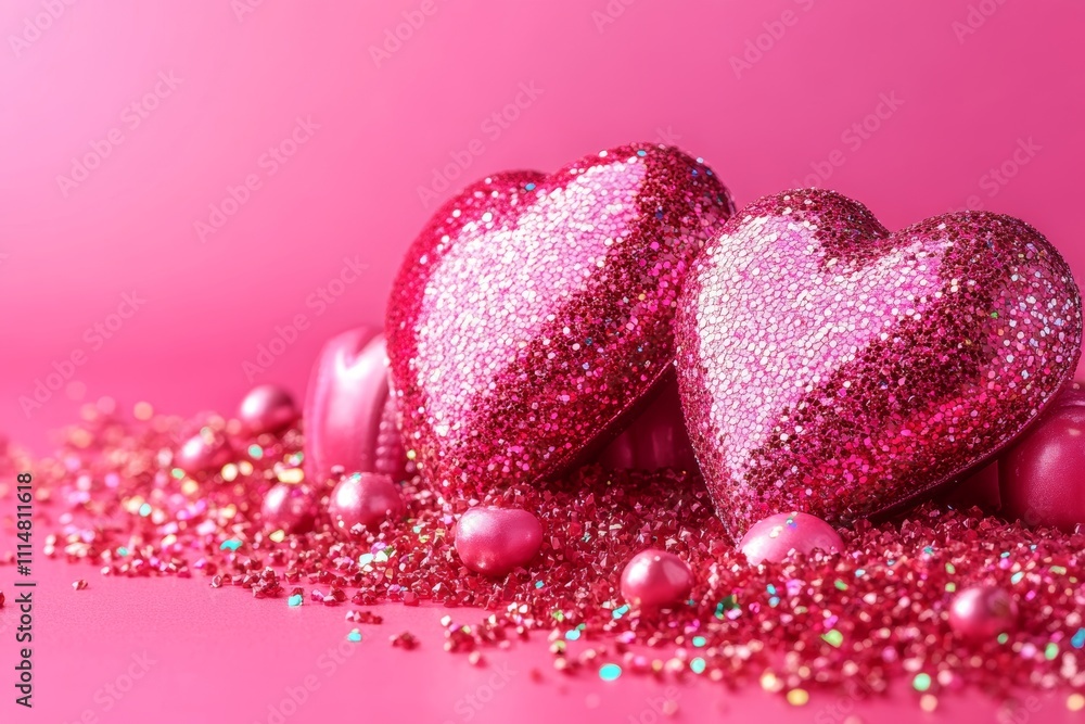 Fototapeta premium Two pink hearts rest atop a sparkling pile of pink glitter, embodying the spirit of love and celebration for Valentine's Day.