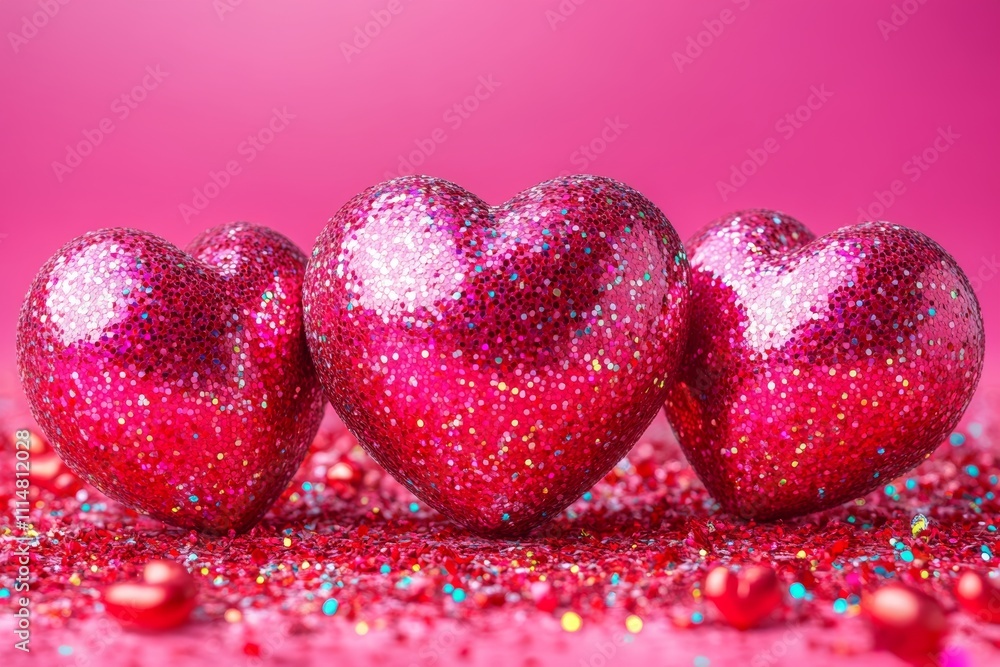 Fototapeta premium Three glossy red hearts rest on a soft pink surface, symbolizing love and affection for Valentine's Day celebrations.