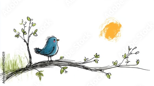 Cute blue bird perched on a branch with leaves and a bright sun in a whimsical illustration style