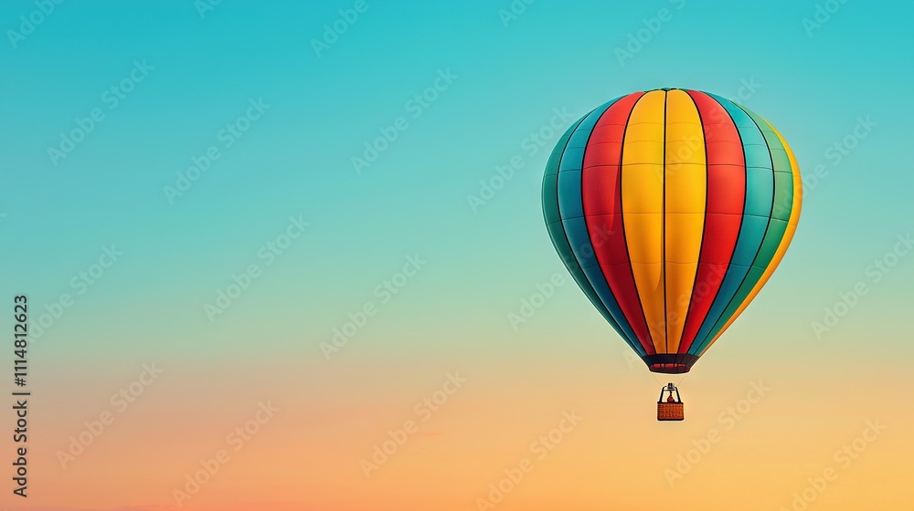 Fototapeta premium A colorful hot air balloon soaring through a vibrant sky of blue, yellow, red, green, and orange hues