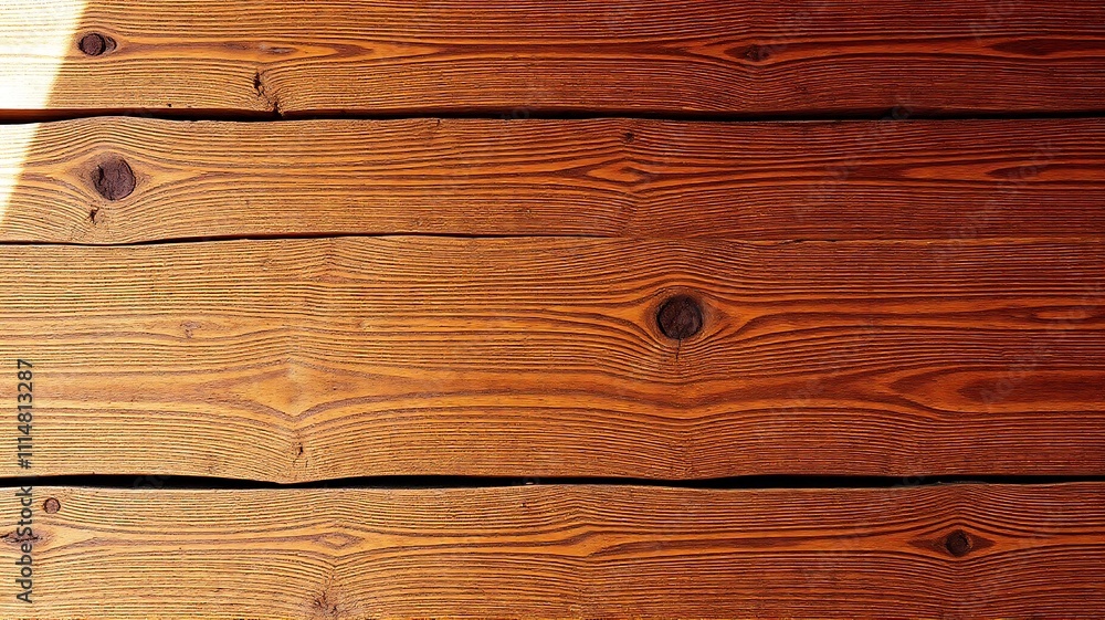 Fototapeta premium Rustic textured wooden plank surface with warm brown tones, visible grain patterns and natural knots, concept for natural product display, rustic interior design and vintage background