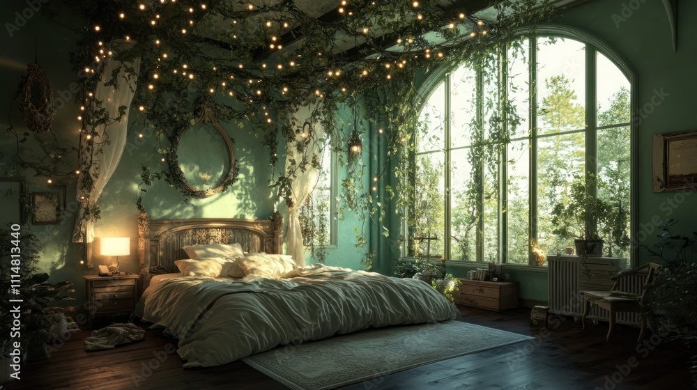 Enchanting bedroom with lush greenery, fairy lights, and arched window. Enchanting bedroom with lush greenery, fairy lights, and arched window.