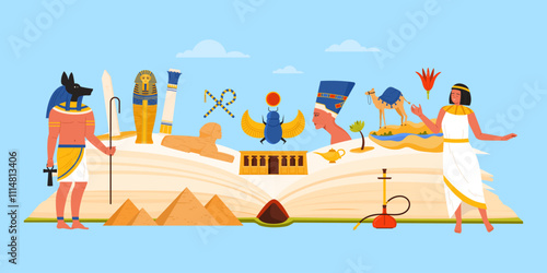 Ancient Egypt study, culture elements and famous landmarks in infographic collage. Big open book with Egyptian pyramids and sand desert landscape, god Anubis and mummy cartoon vector illustration