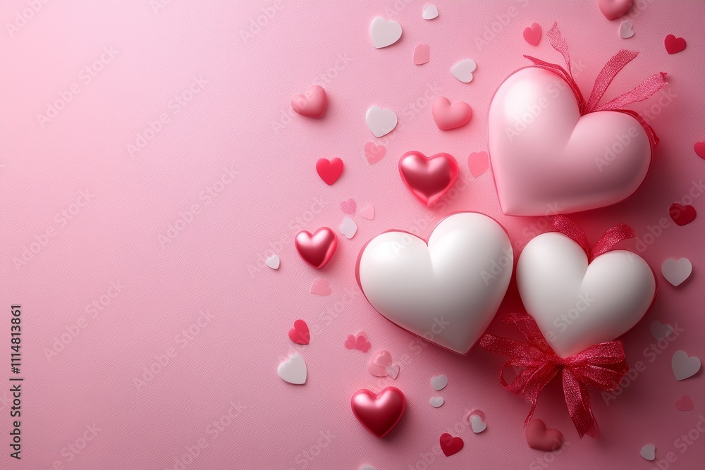 A whimsical arrangement of hearts on a soft pink background, adorned with a vibrant red bow, perfect for celebrating love and affection on Valentine's Day. A whimsical arrangement of hearts on a soft pink background, adorned with a vibrant red bow, perfect for celebrating love and affection on Valentine's Day.