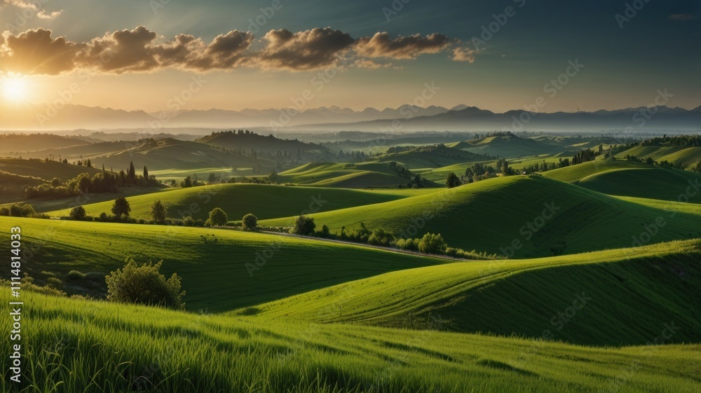 Obraz premium Stunning sunset over rolling green hills and distant mountains.