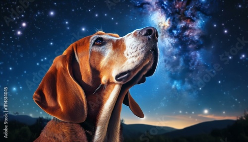  A redbone coonhound howling under a starry night sky photo