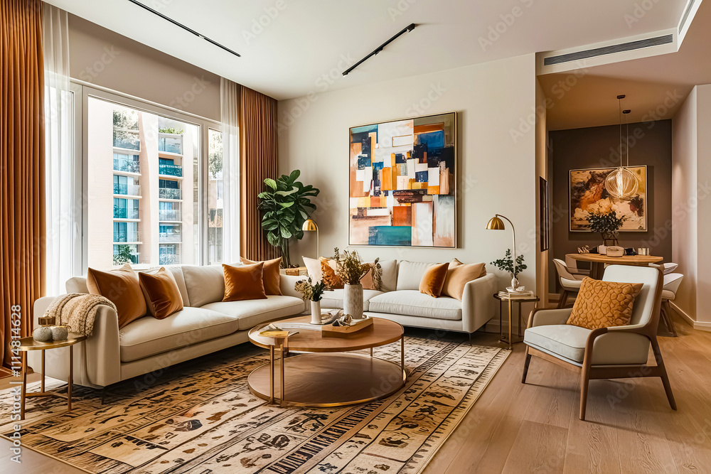 Fototapeta premium a living room with a couch and a coffee table