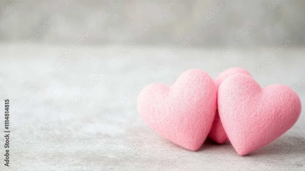 Fototapeta premium Two pink hearts rest gently on a pristine white surface, symbolizing love and affection for Valentine's Day.