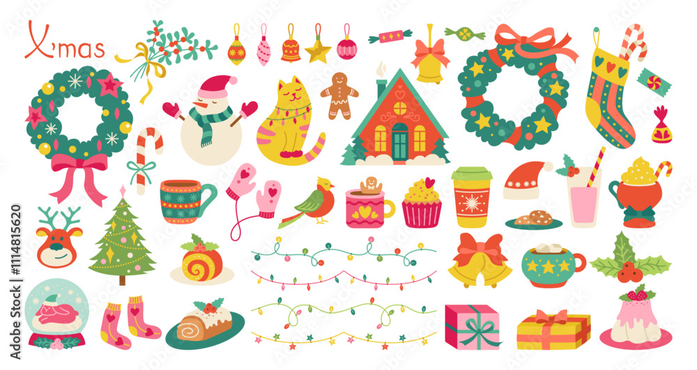 Obraz premium Merry Christmas and happy new year decorations element set. Xmas items cartoon illustrations drawing collection. Christmas tree, festive wreath, candy cane glove sock gift, winter holiday decor vector